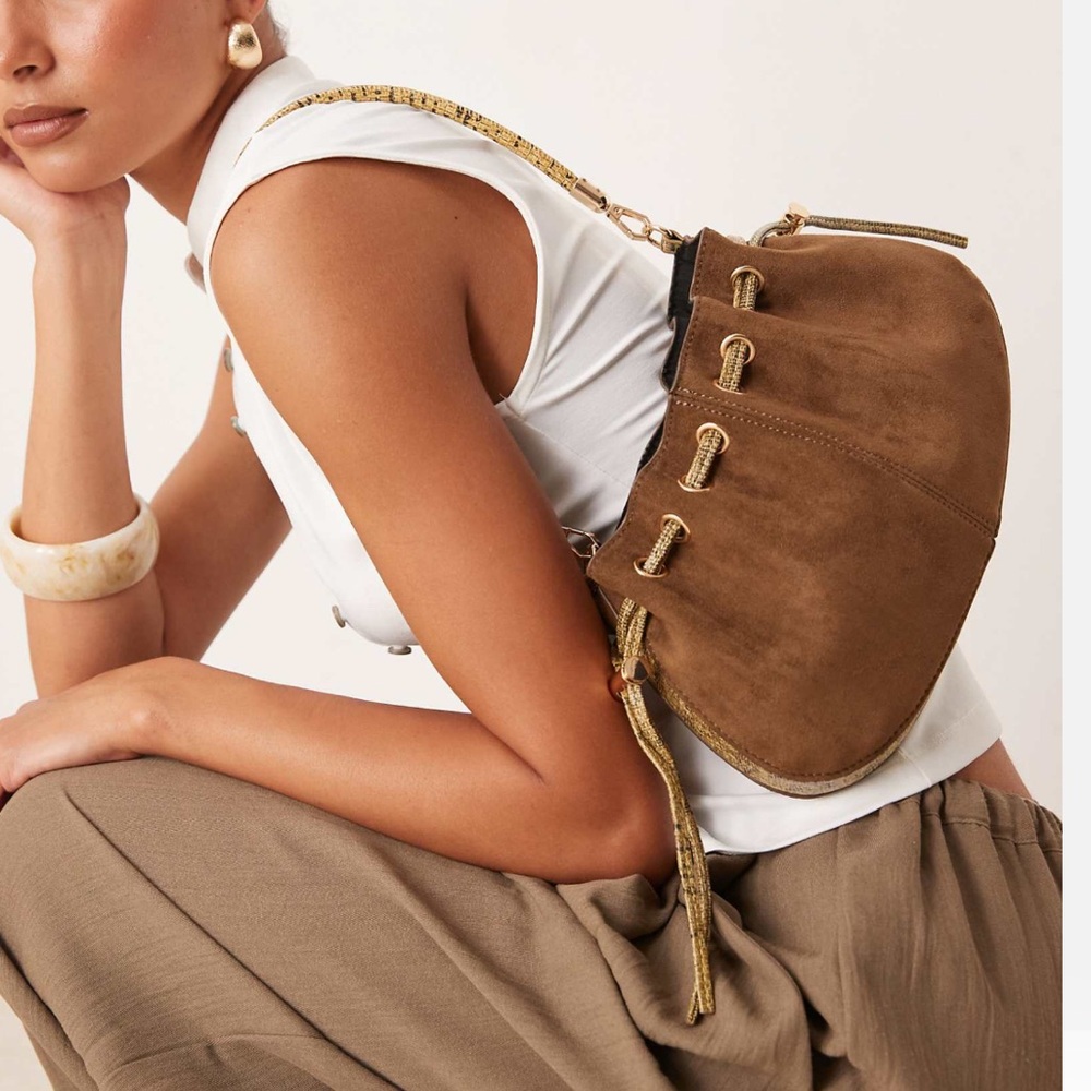 ASOS- brown faux suede shoulder bag adjustable crossbody snake trim detail